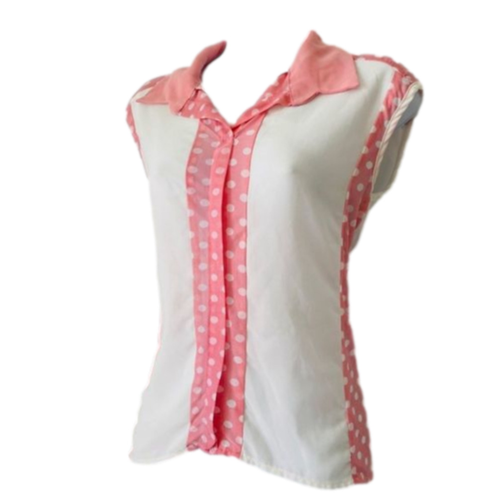 White & Pink Sleeveless Blouse Colorblock Casual Top